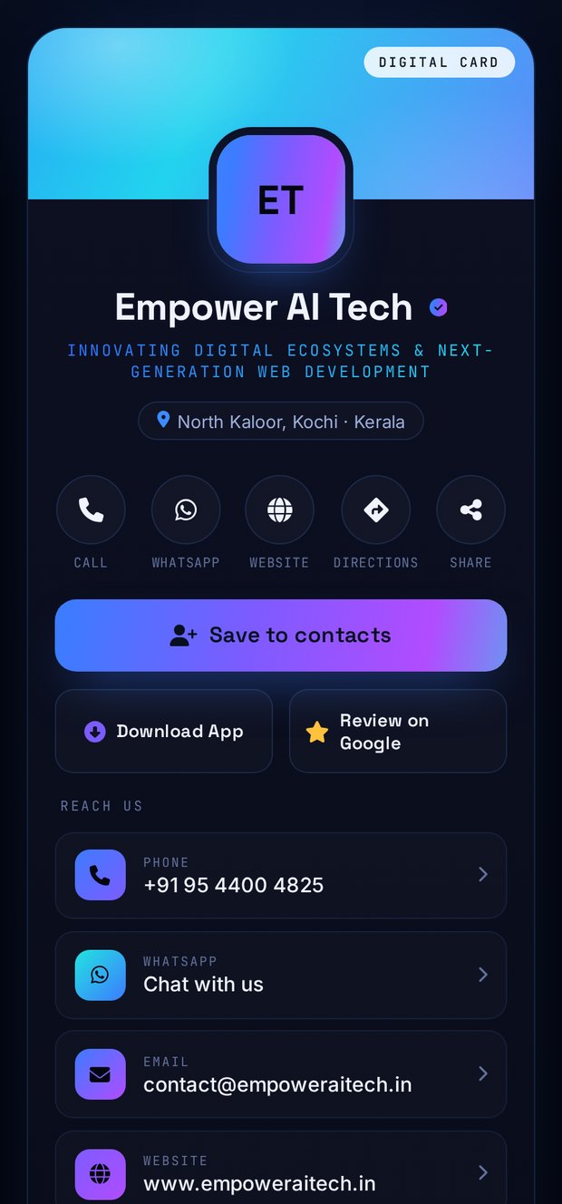 The Empower AI Tech digital visiting card open on a phone — call, WhatsApp, website, directions and save-to-contacts