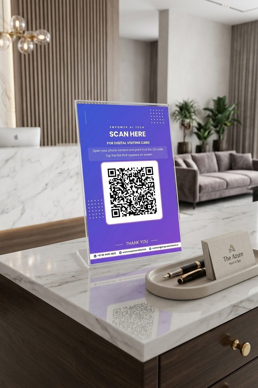 QR Digital Visiting Card at a hotel reception