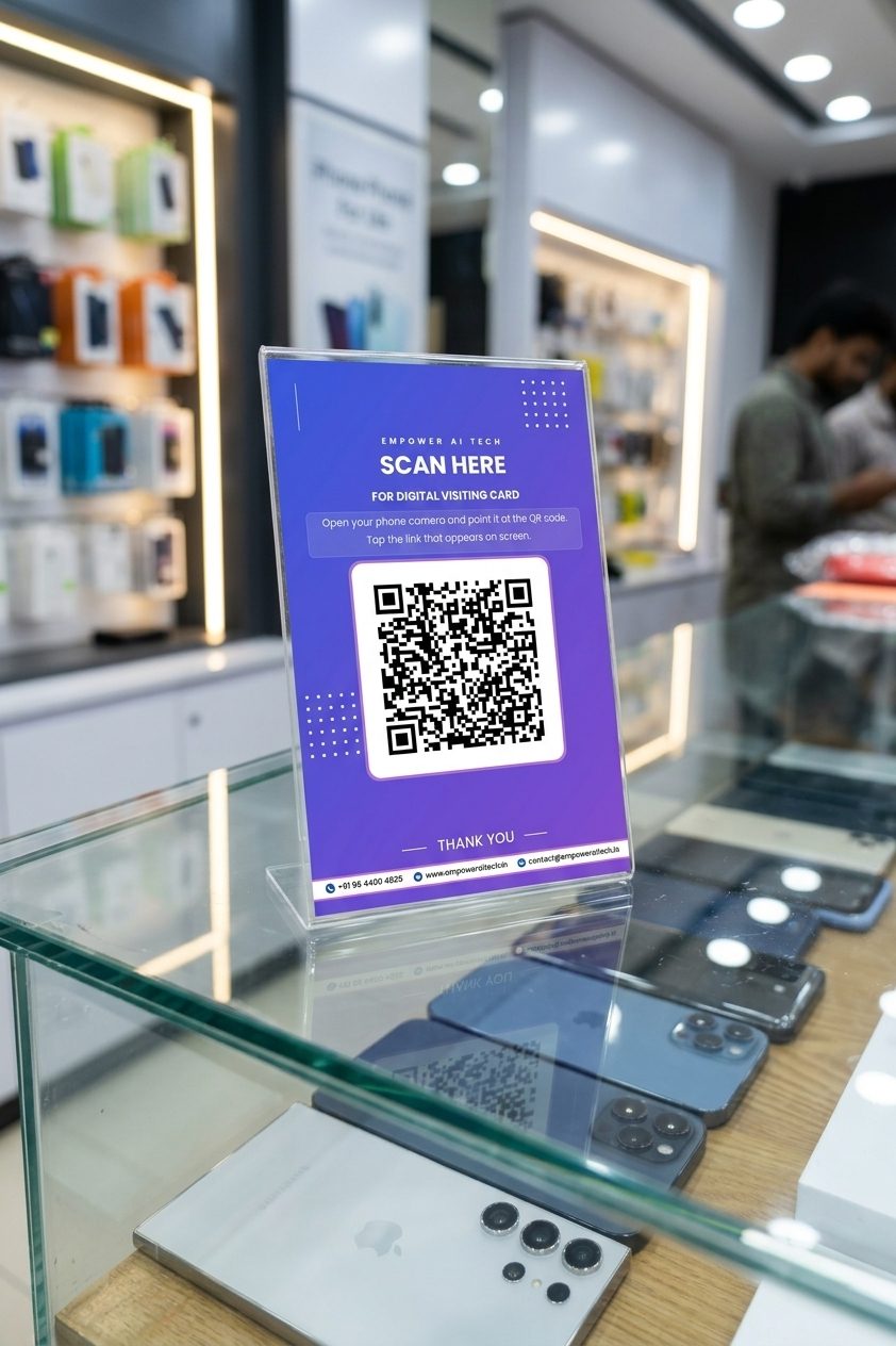 QR Digital Visiting Card on a mobile shop counter